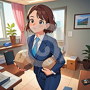 Woman in business suit carrying large boulder, heavy responsibility in office, cute simple anime style illustration