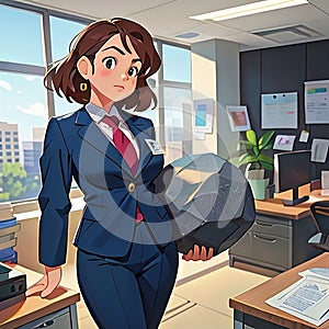 Woman in business suit carrying large boulder, heavy responsibility in office, cute simple anime style illustration