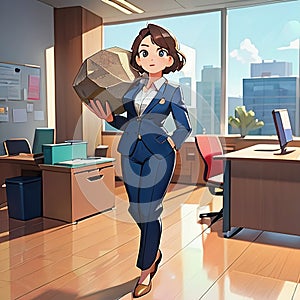 Woman in business suit carrying large boulder, heavy responsibility in office, cute simple anime style illustration