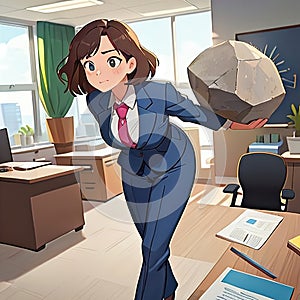 Woman in business suit carrying large boulder, heavy responsibility in office, cute simple anime style illustration