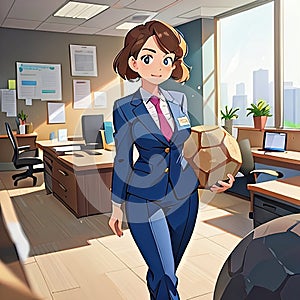 Woman in business suit carrying large boulder, heavy responsibility in office, cute simple anime style illustration