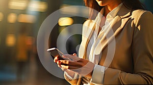 Woman in Business Suit Looking at Cell Phone