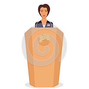 Woman in a business suit stands on a podium in front of the microphones. Woman orator speaking from tribune. Vector illustration.