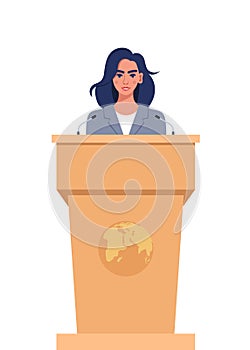 Woman in a business suit stands on a rostrum in front of the microphones. Woman orator speaking from tribune. Vector illustration