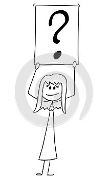 Woman or Businesswoman Asking Question and Holding Question Mark Sign, Vector Cartoon Stick Figure Illustration