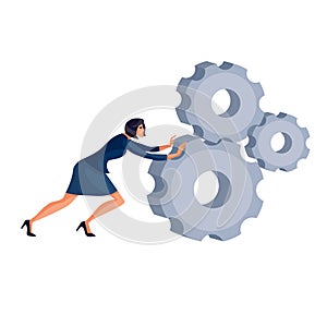 Woman businesswoman in a blue business suit pushes the gear that struggles with other forces, stubbornness, desire, goal