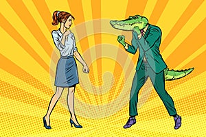 Woman businesswoman Boxing fights with crocodile reptiloid