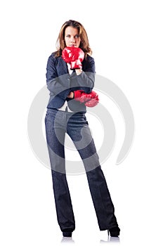 Woman businesswoman with boxing gloves