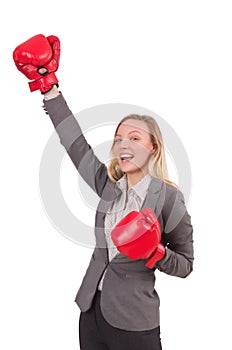 Woman businesswoman with boxing gloves