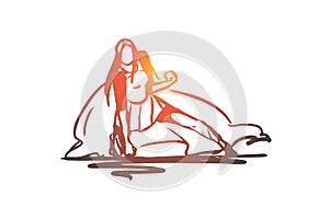 Woman, businesswoman, working, success, leadership concept. Hand drawn isolated vector.