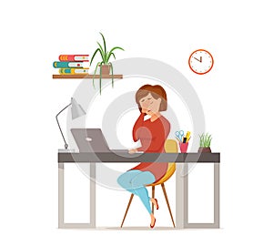 Woman busy tired working on computer colorful vector concept.