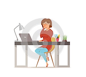 Woman busy tired working on computer colorful vector concept.