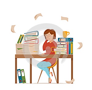 Woman busy tired working on computer colorful vector concept. Cartoon flat style