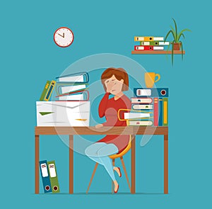 Woman busy tired working on computer colorful vector concept. Cartoon flat style