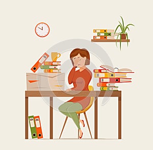 Woman busy tired working on computer colorful vector concept. Cartoon flat style illustration