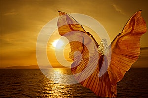 Motýľ žena krídla premeniť lietanie na fantázia západ slnka 