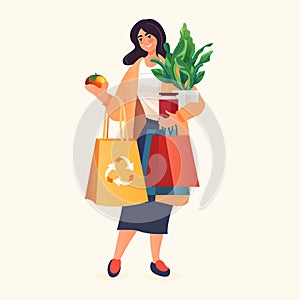 woman buyer holding shopping bags with fruits and vegetables organic natural food eco local grown products world