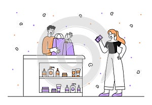 Woman buying cosmetics vector simple