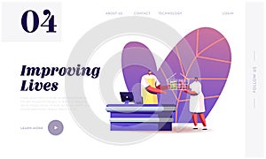 Woman Buying Food in Grocery Store Landing Page Template. Salesman Character at Cashier Desk Giving Cart