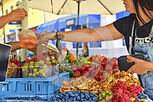 Woman buying fruits and vegetables at farmers market. Sustainable lifestyle. Fresh organic produce for sale at local