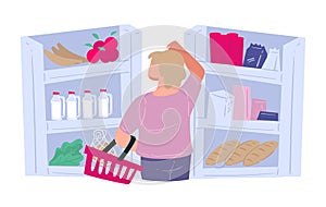 Woman buying groceries choosing products in supermarket vector