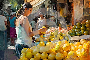 Woman buying lemons from a fruit stand on a hot day. the vendor is wearing a white shirt, and there are other people
