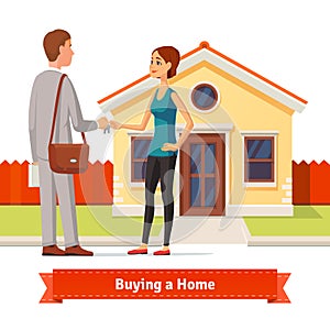 Woman buying a new house. Real estate agent