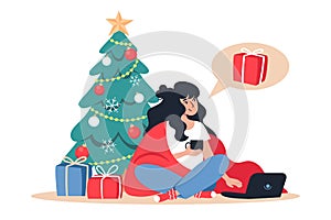 Woman buys Christmas gifts online store. New Year`s online shopping from home. Vector illustration