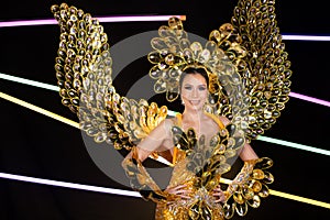 Woman in Cabaret Carnival Fancy Dress Gown with glitter, luxury decoration