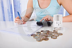 Woman calculating invoice by coins and thermostat at desk