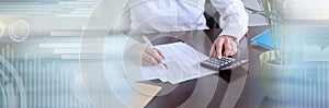 Woman doing her accounting. panoramic banner