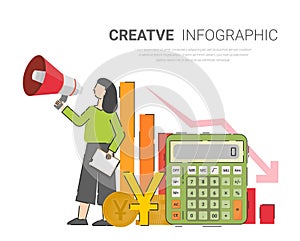 Business woman presenting with infographic, Woman characters pose.