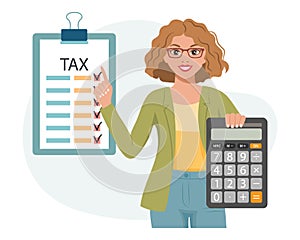 Woman with calculator and tax form. Tax payment concept. Financial tax accounting, audit or accounting services.