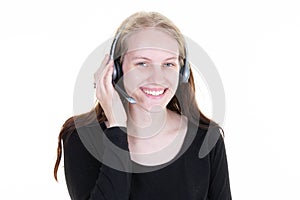 Woman in call center with headset beautiful customer support operator isolated on white