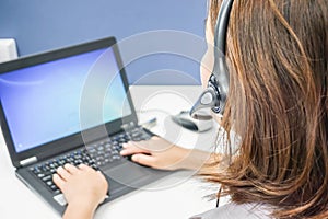 Woman call center with headset on job service customers