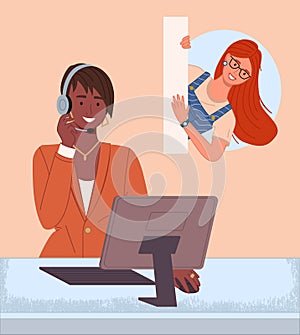 Woman call center or hotline operator chats with girl client online in customer service support