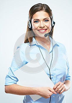 Woman call center operator hold blank sign board