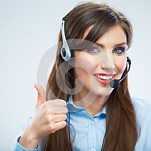 Woman call center operator. Young smiling female worker. Busine