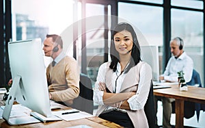 Woman, call center and portrait in customer service agent, smile and computer. Telemarketing, sales and desktop in