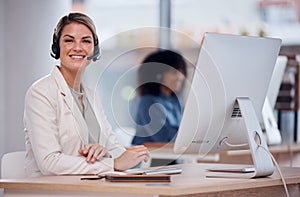 Woman, call center and portrait smile by computer for telemarketing, customer service or support at office desk. Happy