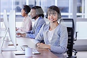 Woman, call center and portrait smile for telemarketing, customer support or service at the office. Happy female