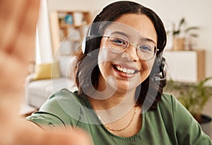 Woman, call center and selfie portrait for smile, post or work from home office with headphones, mic or blog. Influencer