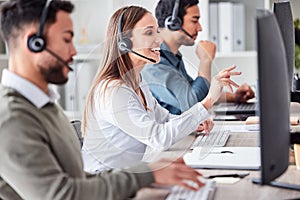 Woman, call center and working in office workspace with headset, computer and online customer support, service or help