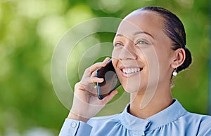 Woman calling, smiling and talking on a phone call while standing outside against green copy space. Happy, positive and