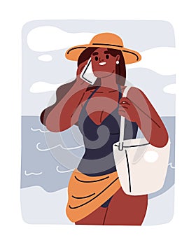 Woman calling, speaking on mobile phone on summer vacation. Happy black girl talking on smartphone, relaxing on beach