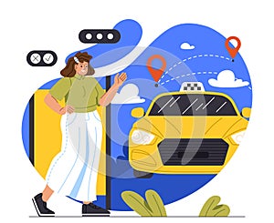 Woman calling taxi vector concept