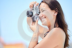 Woman, camera or digital city photographer with art motivation, creative vision or Japanese blogging goals. Smile, happy