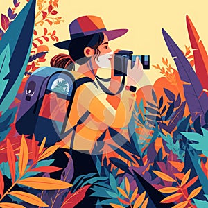 Woman with Camera in Lush Foliage Illustration photo