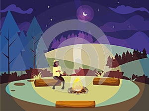 woman camping bonfire forest mountains night