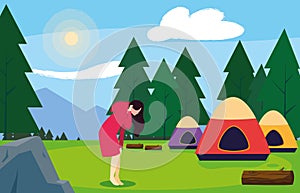 woman camping forest tents trees field